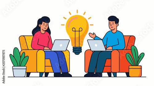 Two individuals with laptops sitting on couches next to potted plants