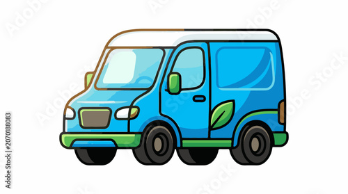 A cartoon-style illustration of a blue van with green accents and a white roof