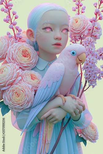A girl in a soft pastel blue dress, slightly transparent and light, a soft pink parrot, soft pink roses blooming lushly and densely, and a bird cherry tree