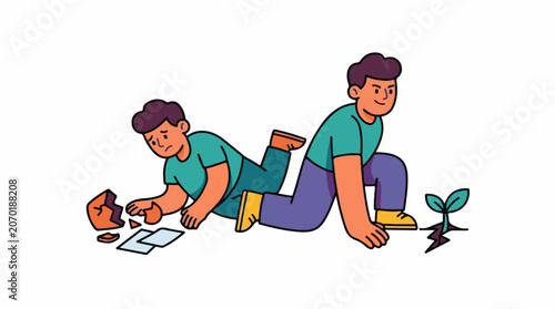 A man planting a sapling while another man kneels beside a broken piggy bank and money