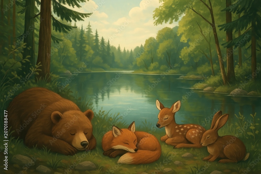 Fototapeta premium Peaceful forest animals resting
