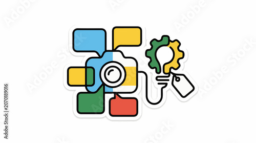 A colorful graphic image of a camera surrounded by speech bubbles and a gear with a lightbulb