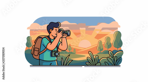 A man takes a photo of a scenic landscape with a camera