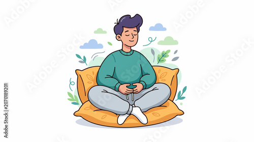 A man sits cross-legged on an orange pillow, hands on stomach, surrounded by plants and clouds