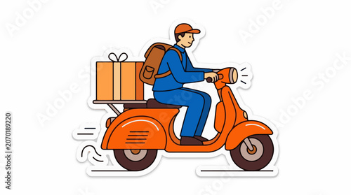 A delivery person rides an orange scooter with a large wrapped box