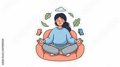 A serene woman meditates cross-legged on an orange beanbag chair, surrounded by floating leaves and butterflies
