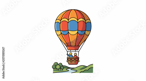 Colorful hot air balloon flying over a green landscape