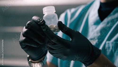 Close-up of a healthcare professional's hands holding a generic blank white medicine bottle, representing pharmaceutical care, prescription medication, and medical treatment in a clinical environment.