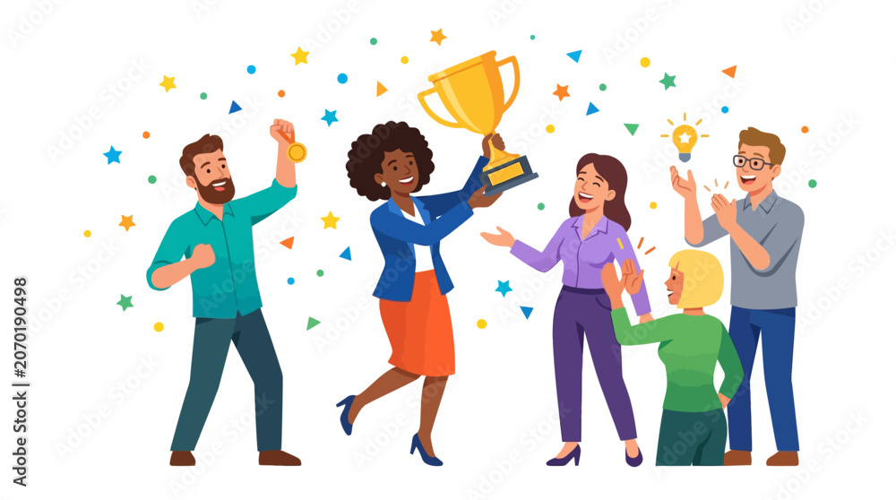 Fototapeta premium Diverse team celebrates winning trophy and success in vibrant office setting with confetti