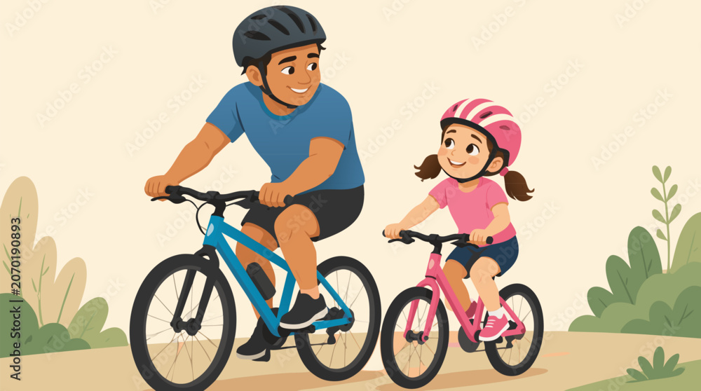 Fototapeta premium A flat vector illustration of a father and daughter joyfully riding bicycles together outdoors, perfect for family lifestyle brands, Father's Day materials, and active living advertising campaigns.