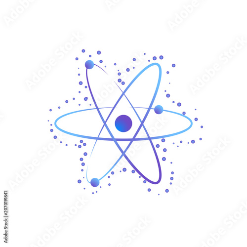Abstract atom symbol with glowing particles and gradient orbit lines. Scientific, quantum computing, artificial intelligence, technology, and innovation concept. Vector illustration.