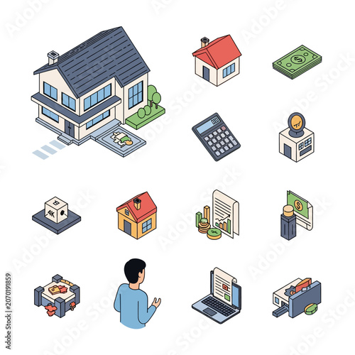 Schilderij op canvas Collection of colorful 3D rendered isometric buildings and structures