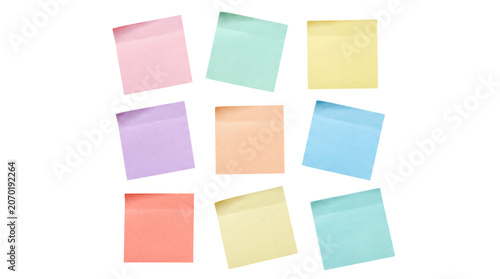 Collection of nine blank square sticky notes in various soft pastel colors.