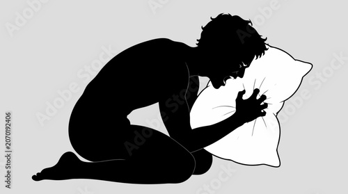A silhouette of a frustrated person screaming silently into a soft pillow rendered as a relatable flat vector illustration ideal for mental health awareness stress relief and emotional wellbeing campa