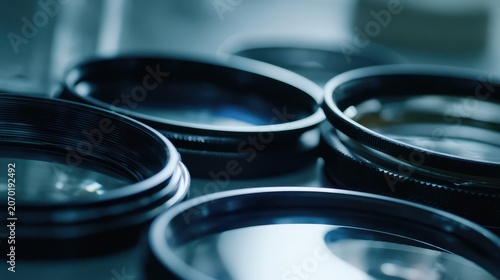 Collection of various circular glass camera filters including uv and polarizing types, lying on a smooth surface, providing a detailed view of camera accessories and optical equipment