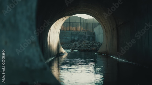 Concrete tunnel carrying flowing water through a subterranean drainage pipeline, illuminated by natural light casting reflections and revealing industrial, grungy infrastructure details
