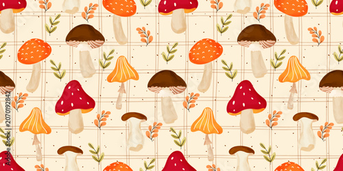 Fotografía Line watercolor pattern with a seamless bg of cute mushroom and striped gingham details