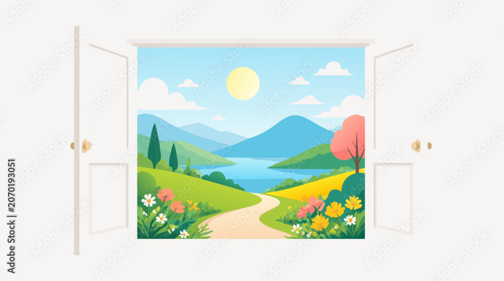 Naklejka premium A flat vector illustration of open white doors revealing a bright colorful nature landscape with flowers and a lake on a light background, ideal for commercial use in opportunity, new beginnings, and 