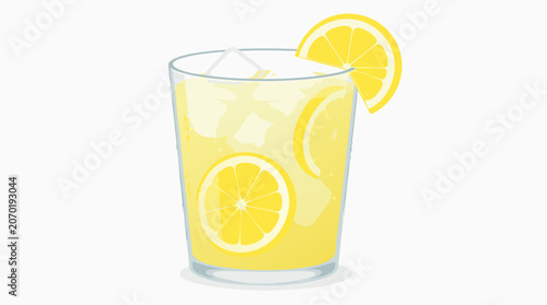 A flat vector illustration of a glass of iced lemonade with lemon slices and condensation drops on a light background, ideal for commercial use in beverage, food service, and summer design projects.