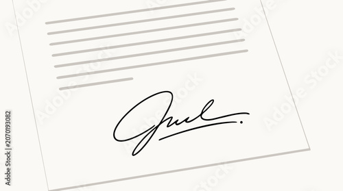 A flat vector illustration of a handwritten signature on a formal contract document on a light background, ideal for commercial use in business, legal, and official document design projects.