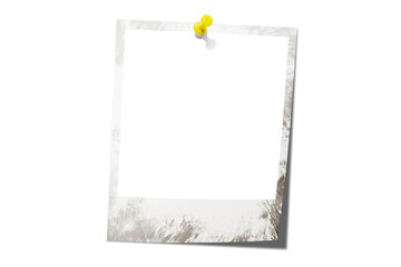 Photo card attached with a push pin isolated on a transparent background.