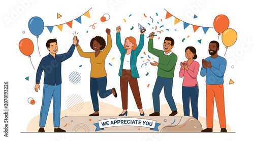 Diverse Team Celebrating Success with Confetti and Balloons