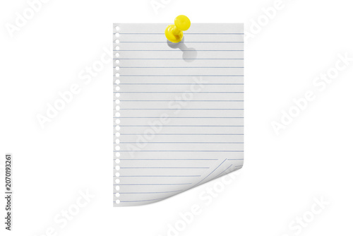 Torn notebook paper attached with a push pin isolated on a transparent background.