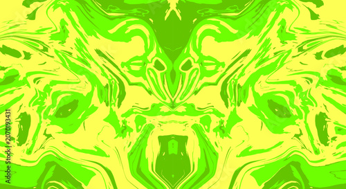 Abstract vibrant green and yellow liquid marble texture background. Symmetrical psychedelic fluid acrylic swirl pattern. Illustration Vector