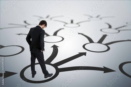 Psychology of Choice Concept. A person standing in front of multiple arrows pointing in different directions, symbolizing decision-making, uncertainty, opportunities, challenges, and finding the right