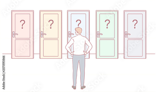Psychology Concept. A person standing in front of multiple doors marked with question marks, symbolizing choice, uncertainty, decision-making, curiosity, opportunities, challenges, and the search for 