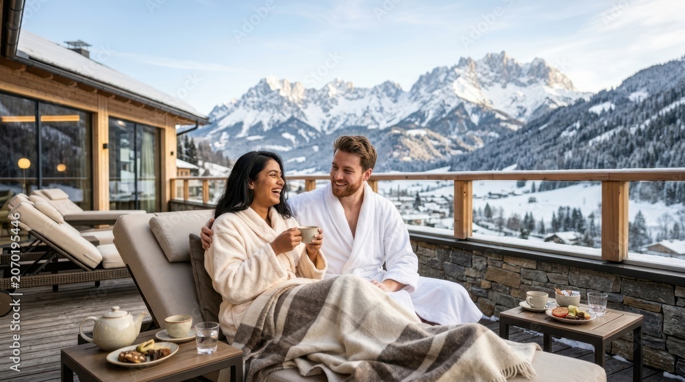 Fototapeta premium Couple enjoys hot drinks on a balcony with snowy mountain views