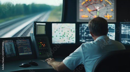 Rail traffic controller monitoring multiple screens in a command center, overseeing railway network operations to ensure safe, efficient train dispatching and traffic management