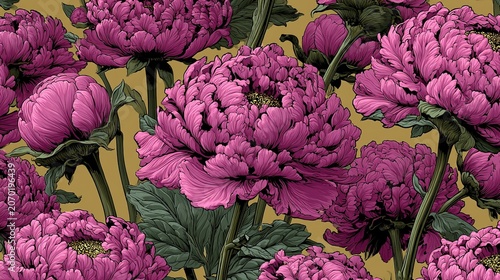 Seamless vibrant botanical pattern with outlined light pink peony flowers, subtle yellow flower center details, bold black contour lines, outlined green leaves and stalks, dense all-over print on soli