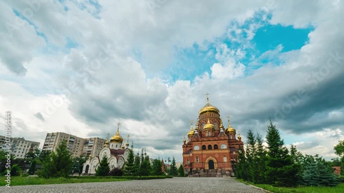 Our Lady of Kazan Cathedral, a timelapse of fast-moving clouds over the church in Orenburg