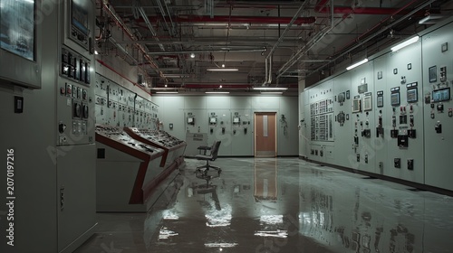 Industrial control room packed with electrical panels, meters, switches and indicator lights for power distribution and automation of large scale machinery and critical systems
