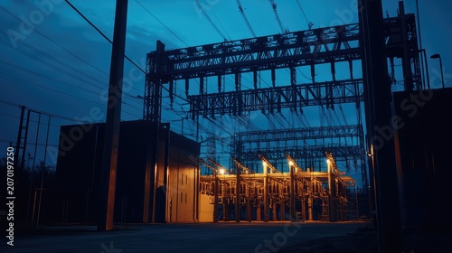 Industrial power station creating and distributing electricity transmitting energy through a complex network of wires and transformers ensuring urban life and city infrastructure