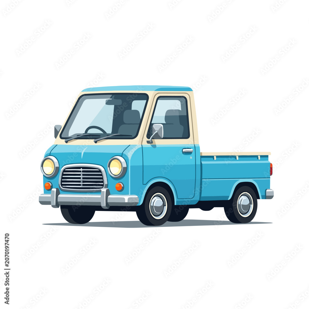 Fototapeta premium Retro Blue Mini Truck, Vintage Pickup Vehicle Cartoon Illustration