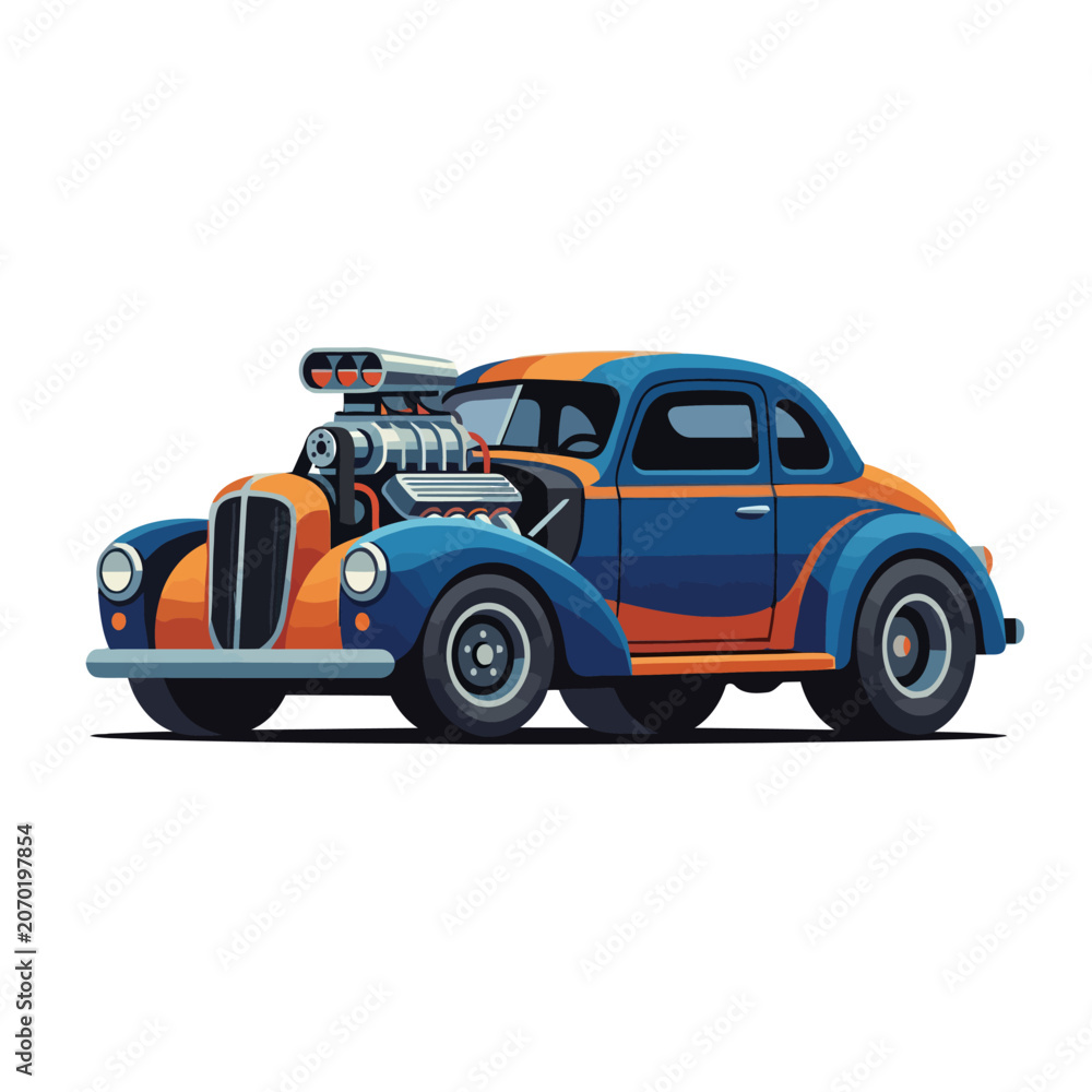 Fototapeta premium Retro Hot Rod Car with Supercharger, Blue and Orange Vintage Automobile
