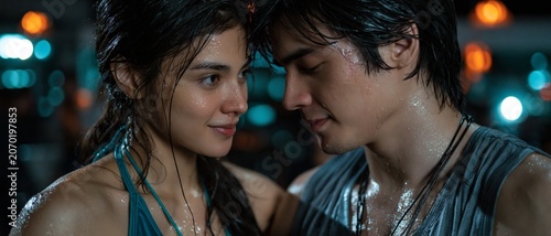 A wet couple gazes intimately with a blurred city background, capturing a romantic moment in the rain.