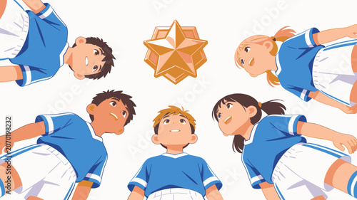 Quadro su tela Children in blue soccer uniforms looking up.