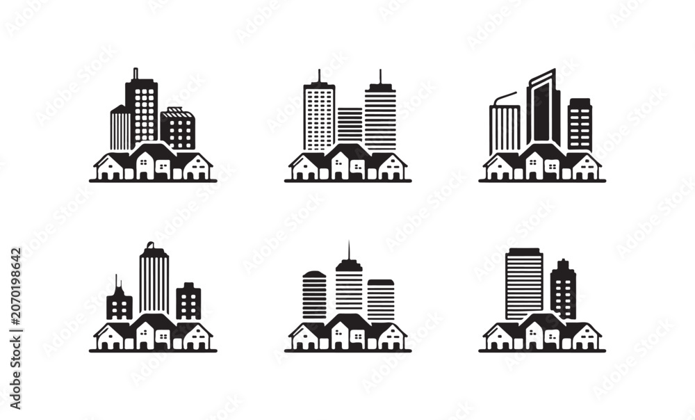 Obraz premium Urban landscape development concept featuring tall city skyscrapers and residential houses.