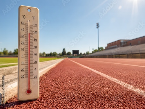 Thermometer on Running Track Showing Dangerous Summer Heat