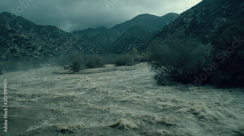 Turbulent floodwaters roaring through a dry mountain bush valley under a dark overcast sky, muddy torrent carving a violent path during severe storm and flash flood conditions