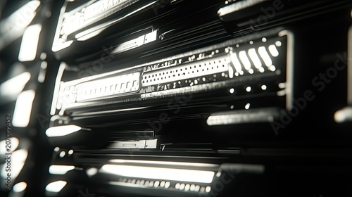 Server rack units operating in a data center, emitting bright light patterns and handling large volumes of digital information and network infrastructure connections