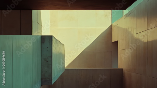 Abstract architectural composition featuring brutalist concrete forms, geometric shapes, and a striking interplay of light and shadow creating a captivating minimalist design