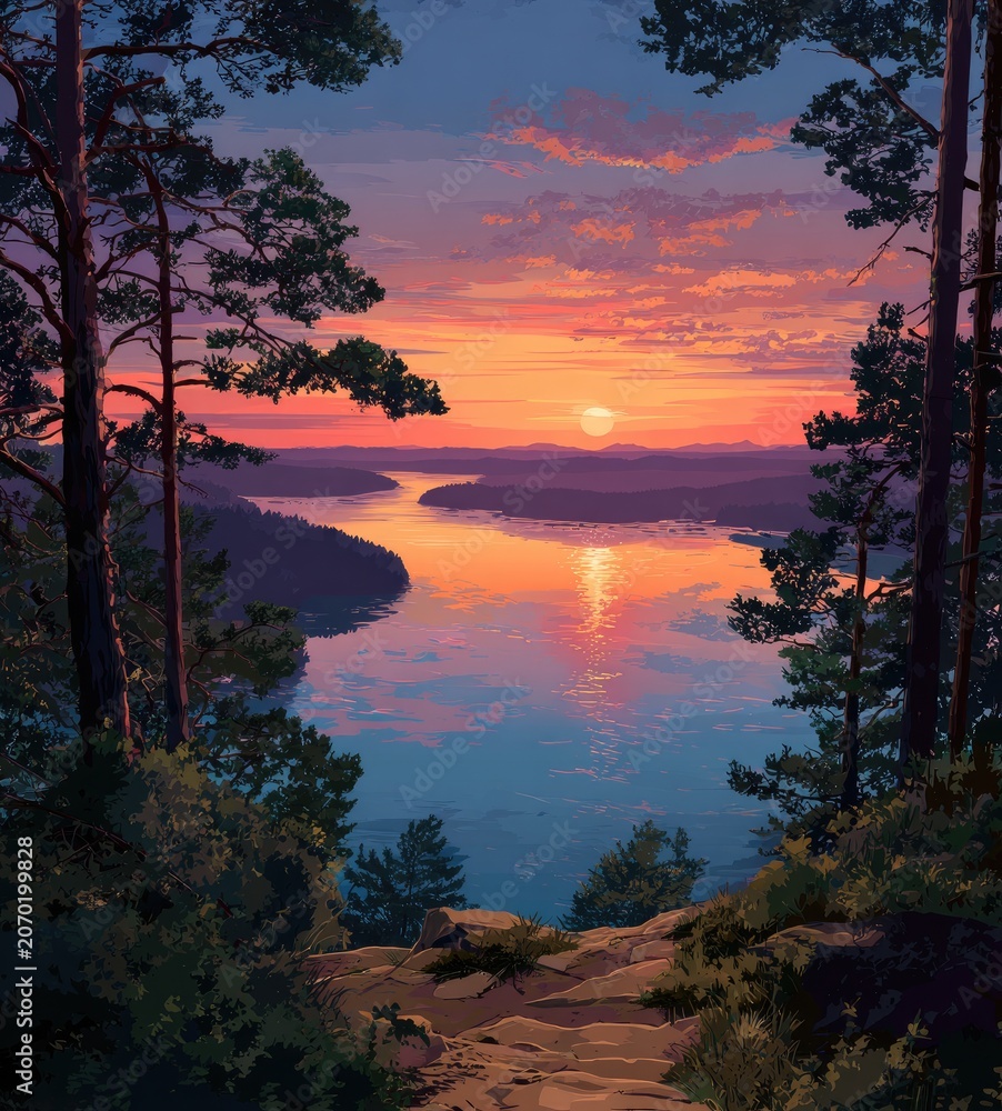 Fototapeta premium colorful sunset in natural landscape with rocks and trees by lake in summer illustration