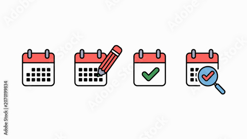 Four calendar icons depicting scheduling writing confirmation and searching on a white background icon date appointment schedule event planning
