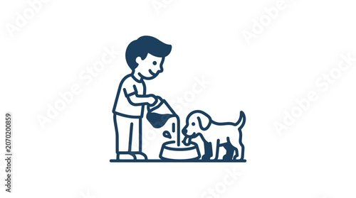 Quadro em tela Boy Feeding Dog in Kitchen Area.