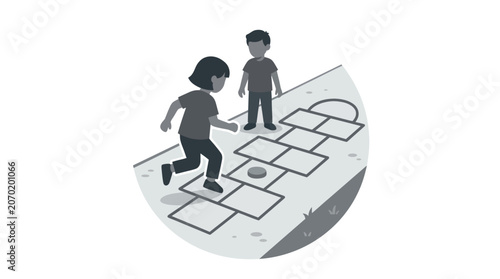 Fotografie Children Playing Hopscotch Game Outdoors.