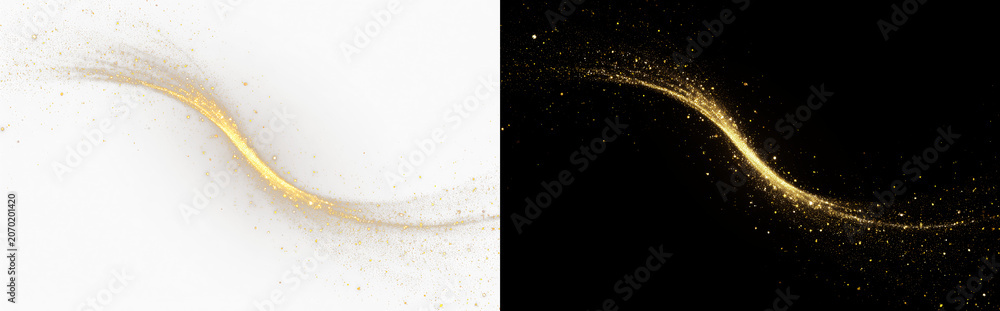 Εκτύπωση καμβά Abstract golden glitter wave swirl on white and black background, realistic glow